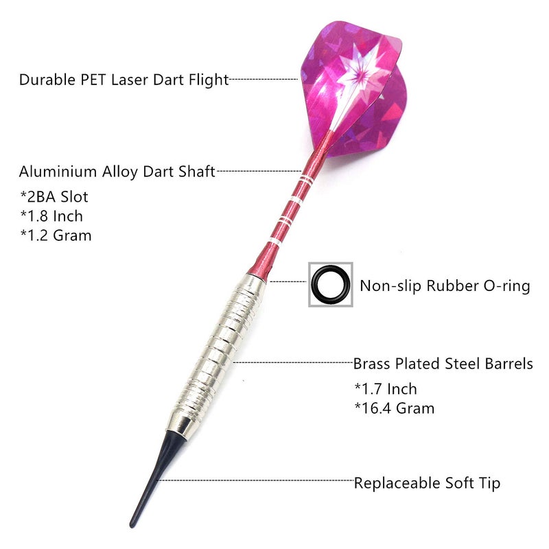 ROOBEEO Soft Tip Darts Set for Electronic Dart Board 18/22g Plastic Tip Darts Set with Brass Barrels&Aluminum Shafts, 6 Flights 3 Spare Plastic Dart Shaft 20 Soft Tips Portable Case (18g-Silver&Pink) - Image 2